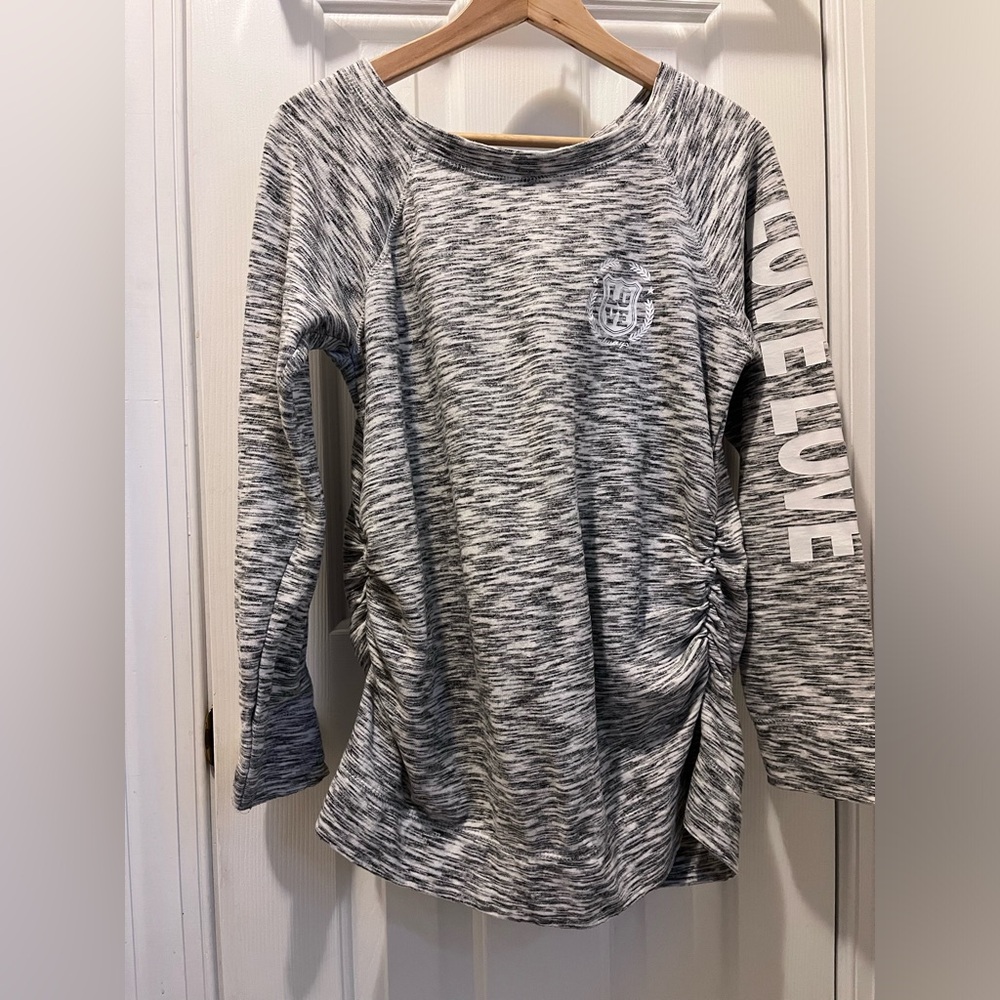 Size M Feathers Maternity LOVE pullover sweatshirt.  Fleece lined w/side ruching